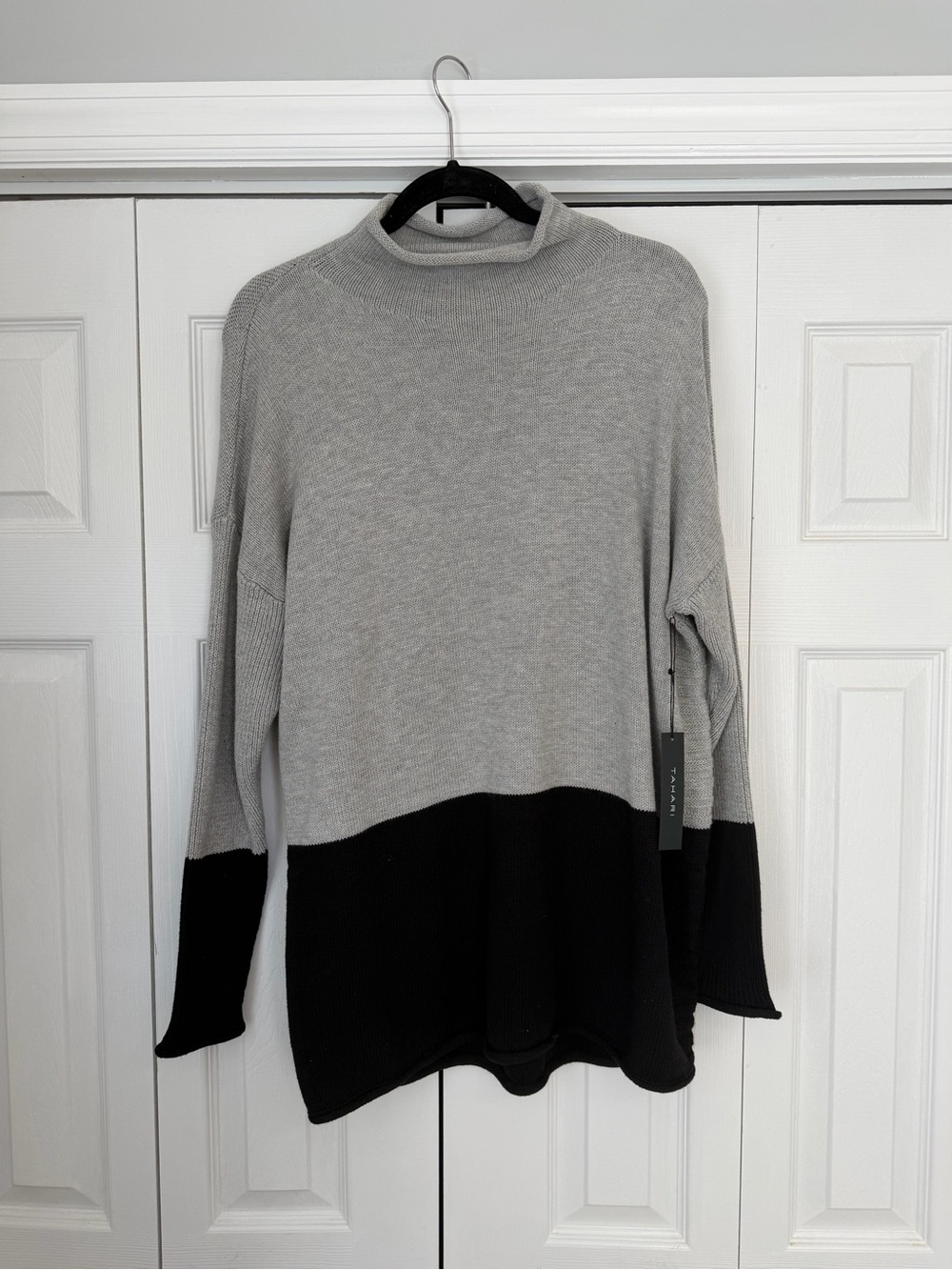 Tahari Gray and Black Mock Neck Sweater